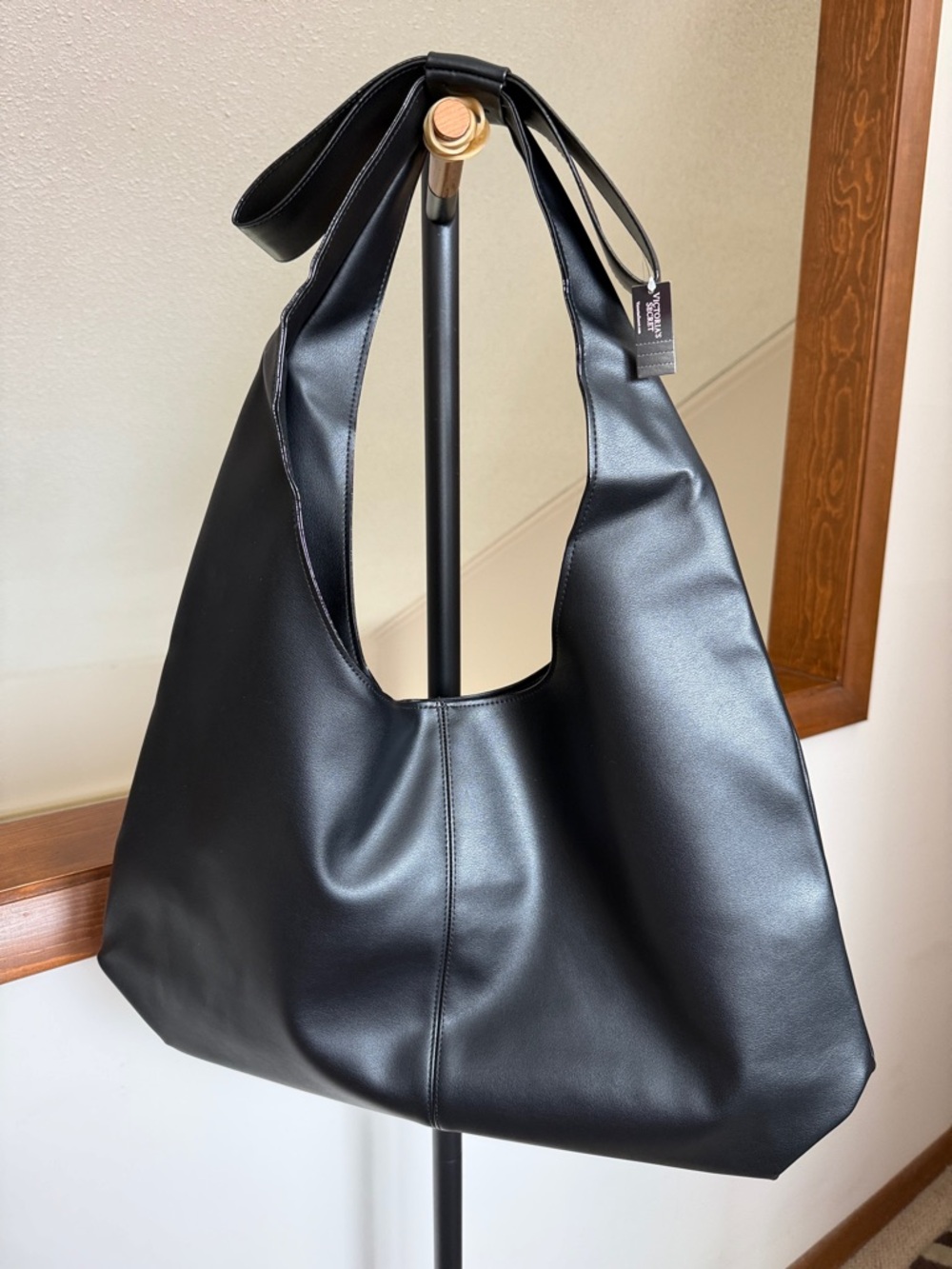 Victoria's Secret Black Faux Leather Bow Tote Shoulder Bag Purse Oversized NWT